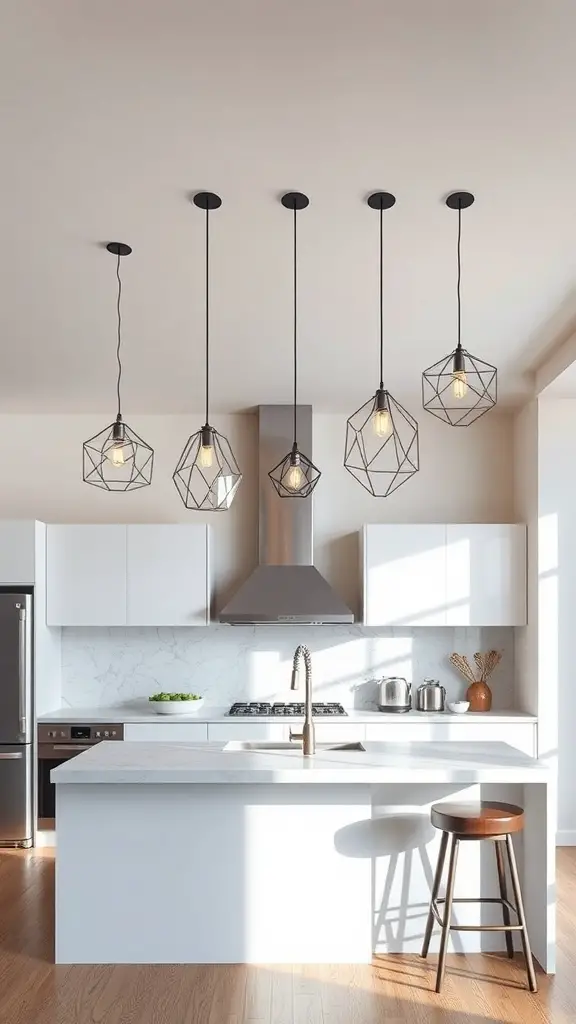 Five geometric pendant lights hanging over a modern kitchen island
