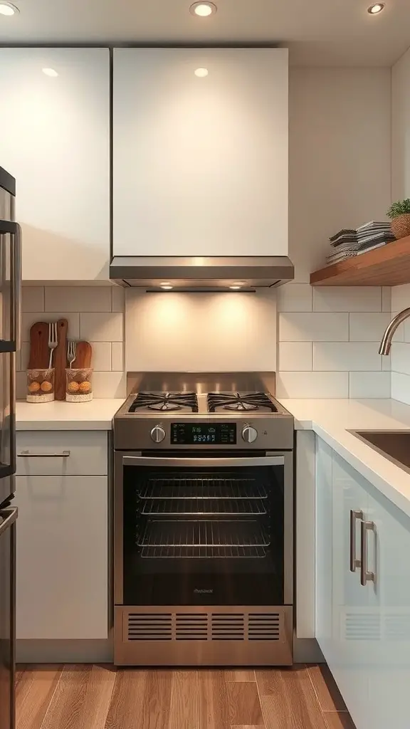 29+ Stunning Double Oven Kitchen Layout Ideas 4 Compact kitchen featuring a double oven setup with a gas cooktop and modern cabinetry.