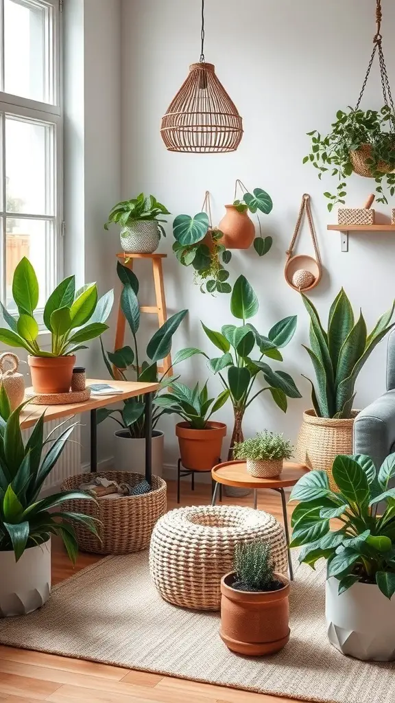 A cozy nursery filled with various indoor plants in pots and baskets, creating a natural and inviting atmosphere.