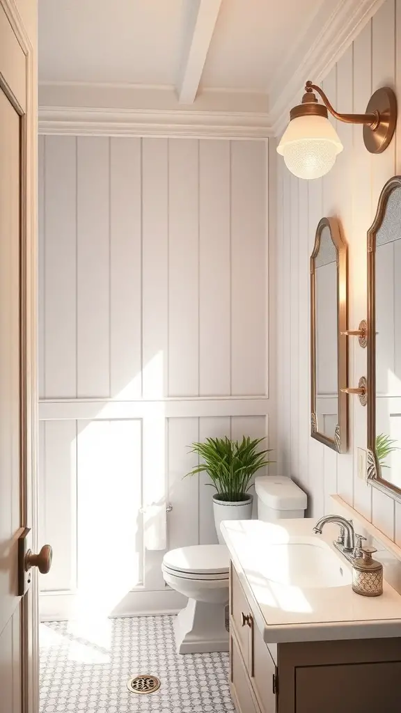 A well-lit bathroom featuring board and batten wall treatment, stylish light fixture, and a plant.