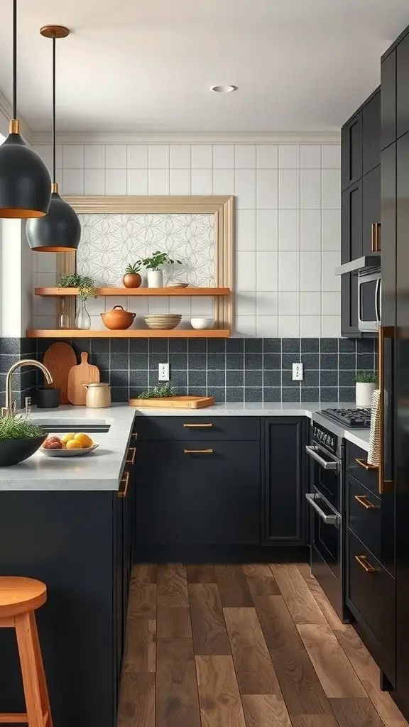 A modern kitchen featuring black cabinetry, wood accents, and stylish lighting.
