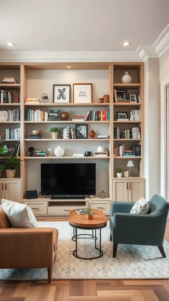 29+ Stunning Family Room Addition Ideas for Your Home 7 A cozy family room featuring a stylish storage unit with books, plants, and a TV, complemented by comfortable seating.