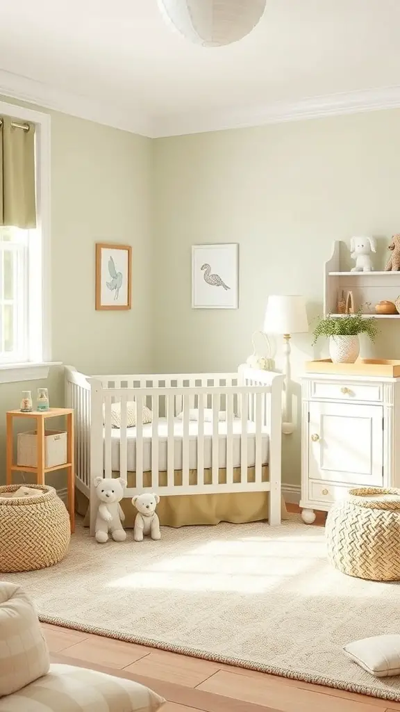 A serene nursery featuring sage green walls, a white crib, and neutral decor elements.