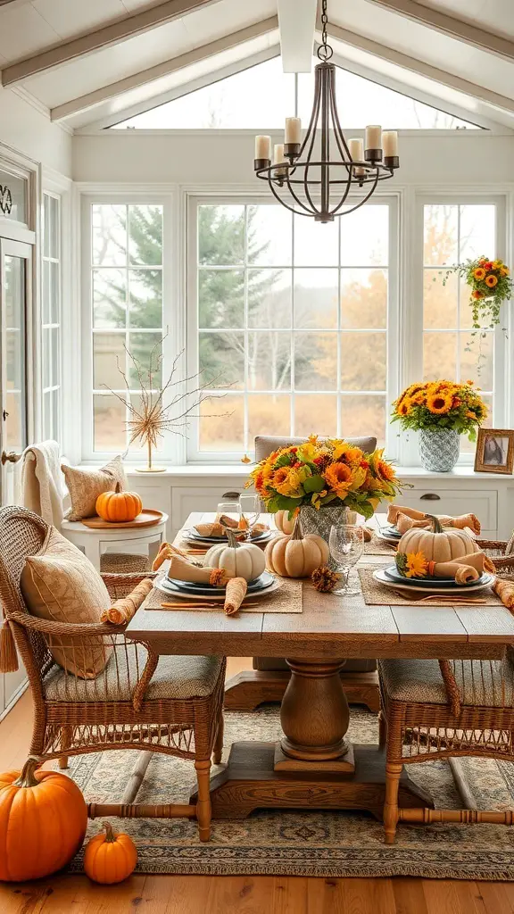 A sunroom dining area decorated for fall with pumpkins, sunflowers, and a cozy table setting.