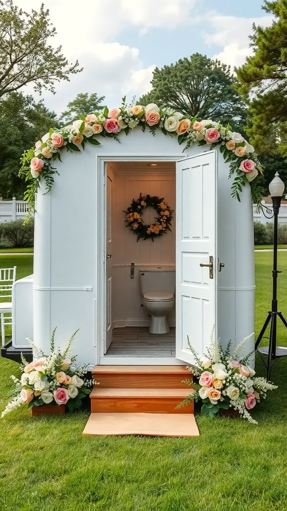 A beautifully decorated portable restroom trailer with flowers and wooden steps, set in a green outdoor space.