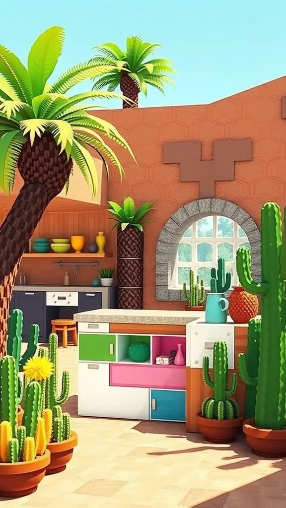 25+ Creative Minecraft Kitchen Designs You’ll Love 9 A colorful Minecraft kitchen design featuring palm trees, cacti, and a vibrant cooking area.