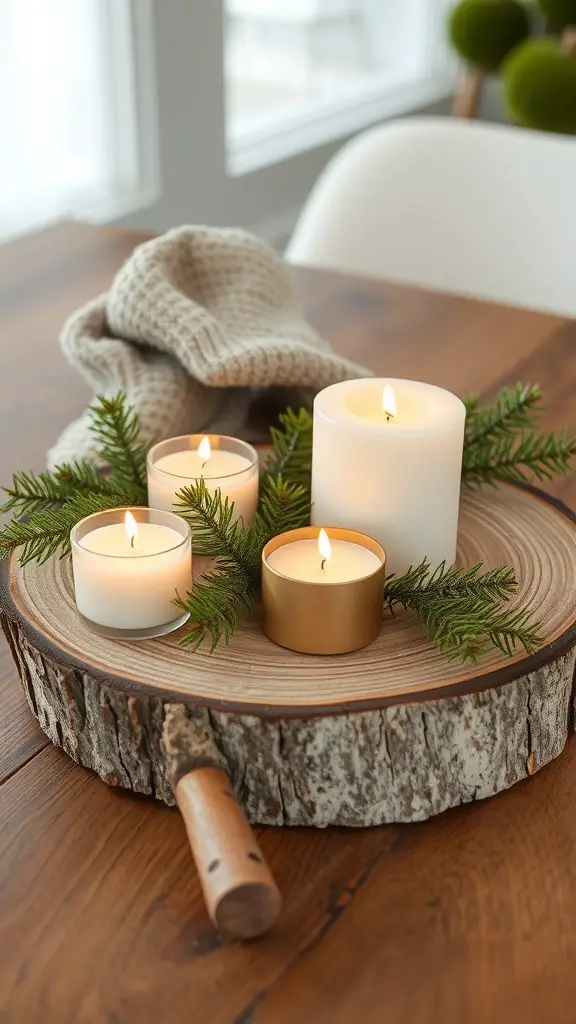 A winter table centerpiece featuring candles on a natural wood slice with greenery.