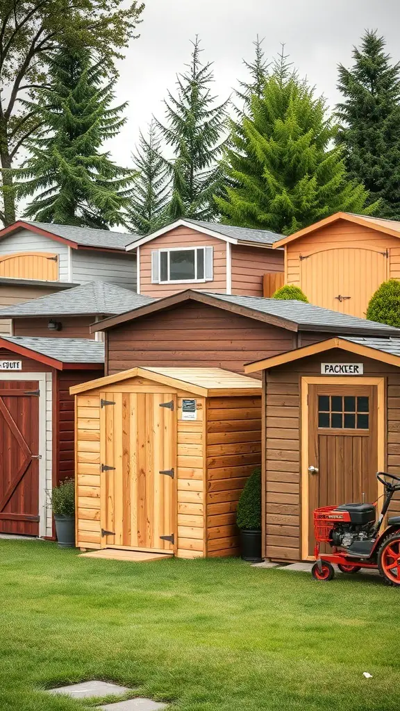 A variety of lawn equipment storage sheds in different styles and colors