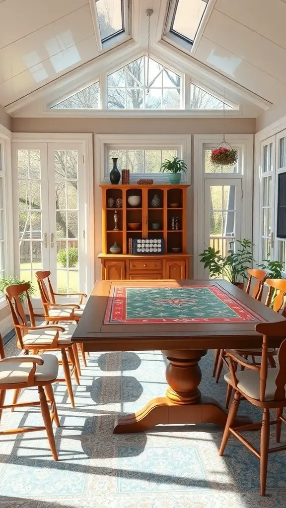 27+ Enclosed Sunroom Ideas to Brighten Your Home 4 A bright sunroom with a large table and chairs, perfect for family games.