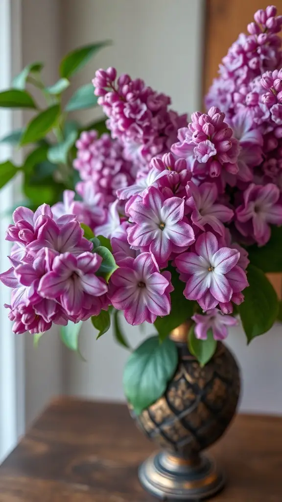 Beautiful arrangement of lilac flowers in a decorative vase