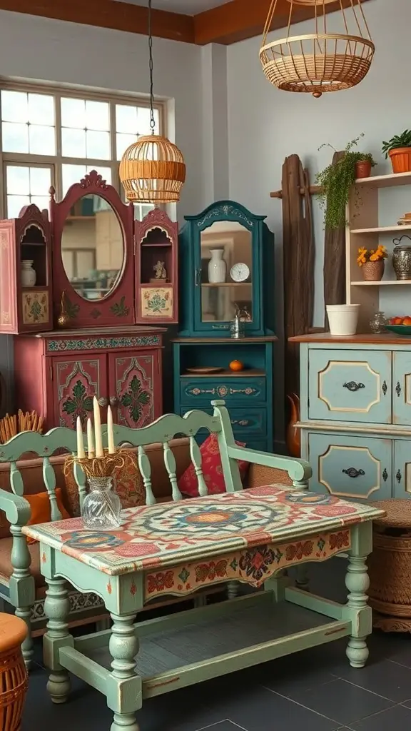 Colorful bohemian furniture with intricate designs and patterns, showcasing cultural influences.