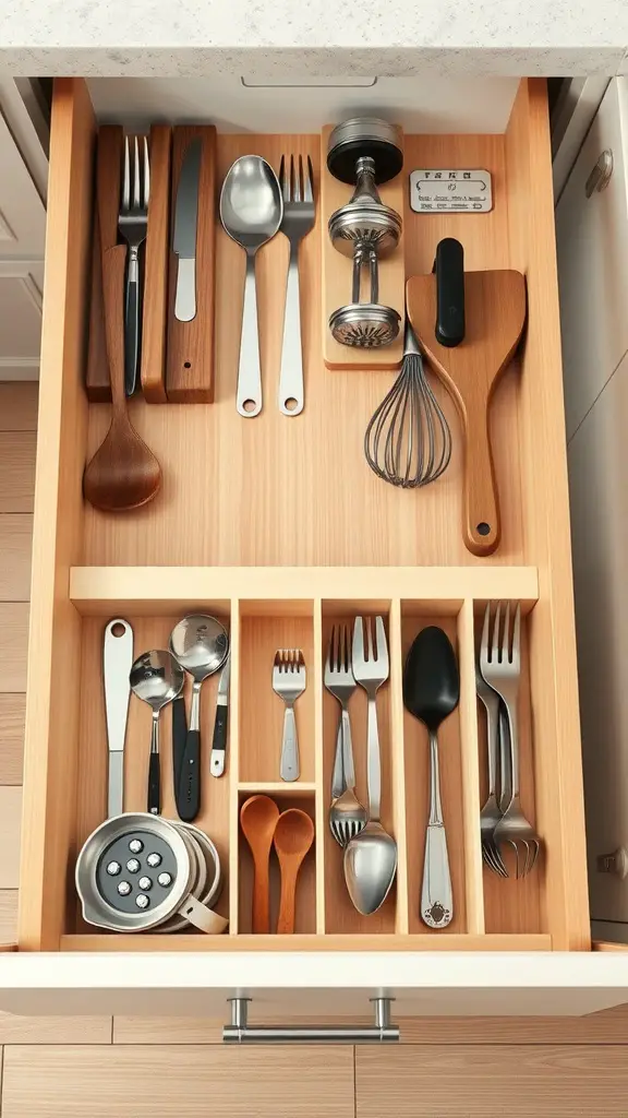Organized kitchen drawer with sliding inserts for utensils