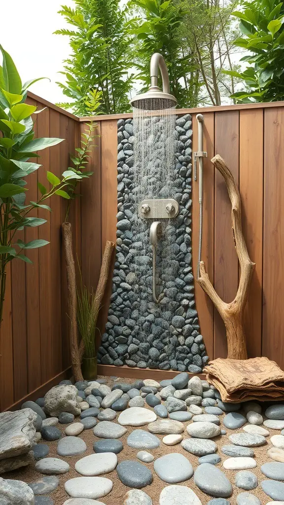 23+ Creative Garden Shower Ideas 11 Outdoor shower with stone wall and pebbled floor surrounded by greenery