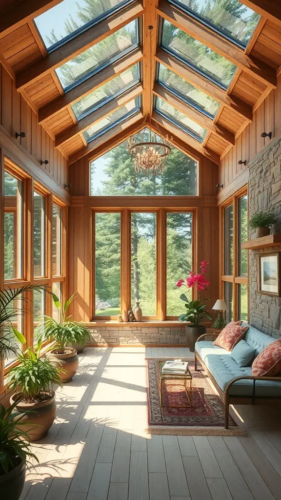 27+ Cozy Cottage Sunroom Ideas You’ll Love 10 A cozy sunroom with wooden beams, large windows, and plants, featuring a blue couch and a small coffee table.