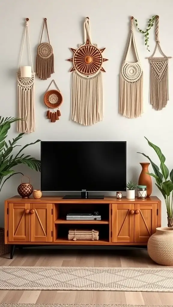 29+ Stunning Boho-Inspired Entertainment Centers to Transform Your Space 9 A stylish entertainment center with macramé wall hangings and plants.