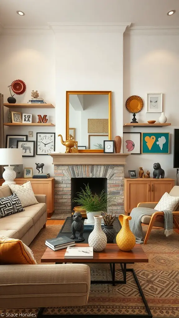 A cozy living room featuring whimsical decor accents, including colorful artwork, unique sculptures, and a warm color palette.