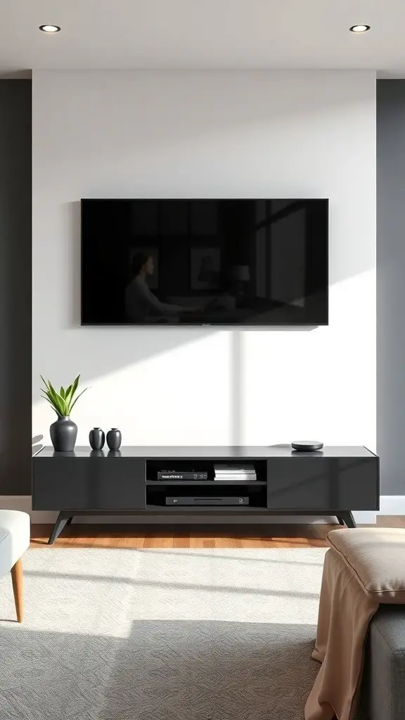 A modern living room with a sleek TV stand, mounted television, and decorative items.