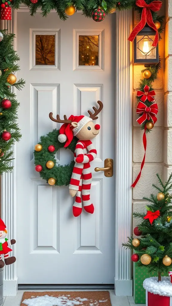 25+ Unique Winter Door Decorations to Brighten Your Home 4 A whimsical reindeer decoration hanging on a door with a wreath and festive ornaments.