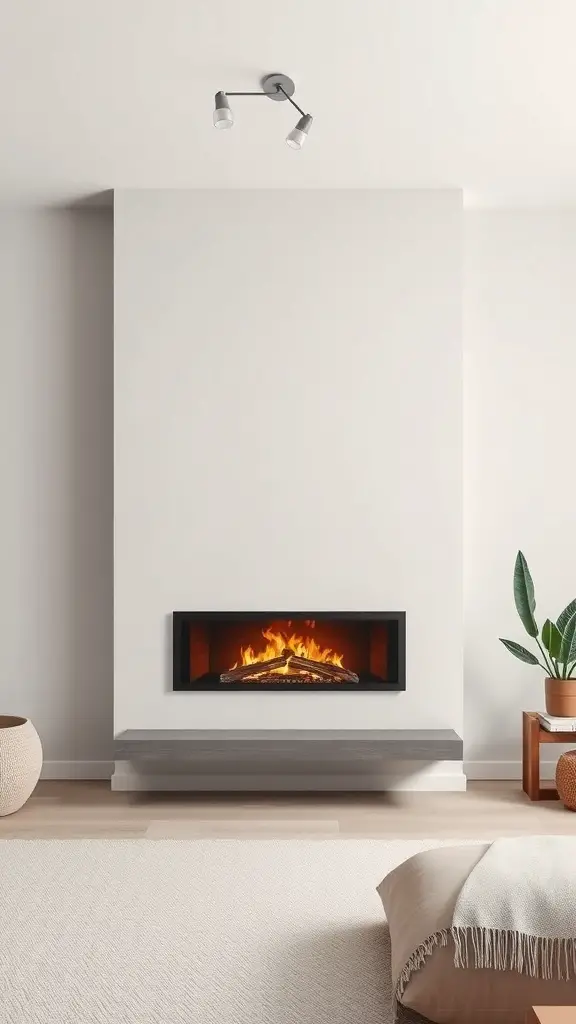 23+ Modern Fireplace Ideas to Elevate Your Home Decor 12 A minimalist wall-mounted fireplace with flames, set against a white wall, featuring a sleek design and a small shelf below.