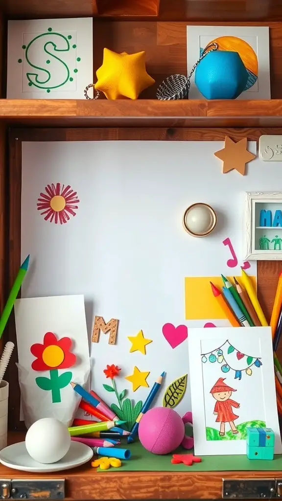 23+ Unique Memory Box Ideas s 6 A colorful display of childhood art including drawings, shapes, and playful decorations.