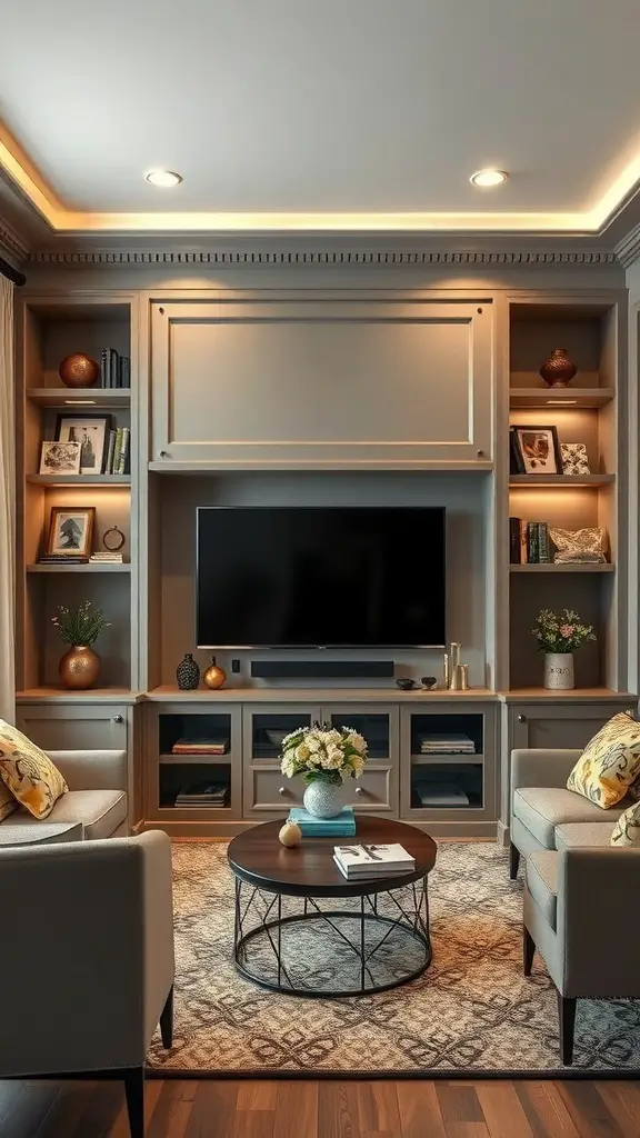 A stylish living room with a customized built-in TV wall unit featuring shelves and decorative items.