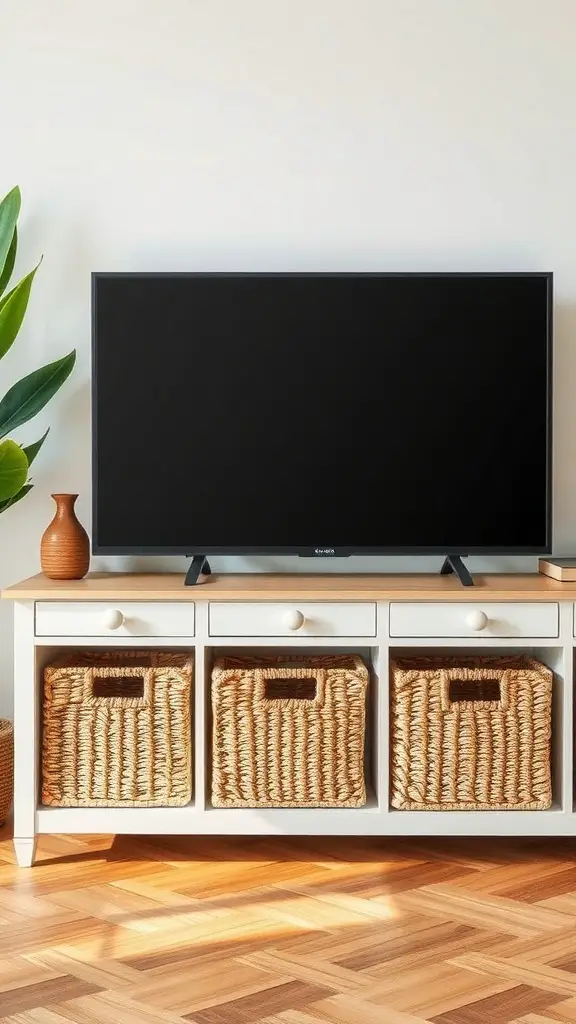 A stylish TV console featuring woven baskets for storage, with a plant and decorative vase.