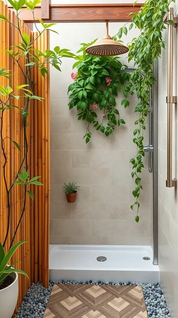 23+ Creative Garden Shower Ideas 6 A stylish outdoor shower area with bamboo privacy screen and lush greenery.