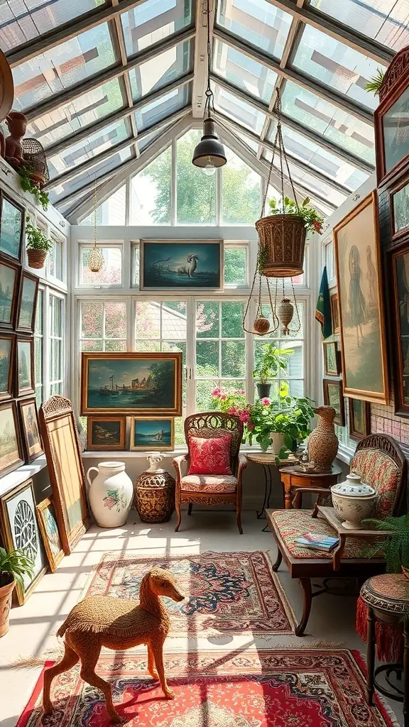 27+ Cozy Cottage Sunroom Ideas You’ll Love 4 A bright and artistic sunroom filled with plants, vintage furniture, and framed artwork.