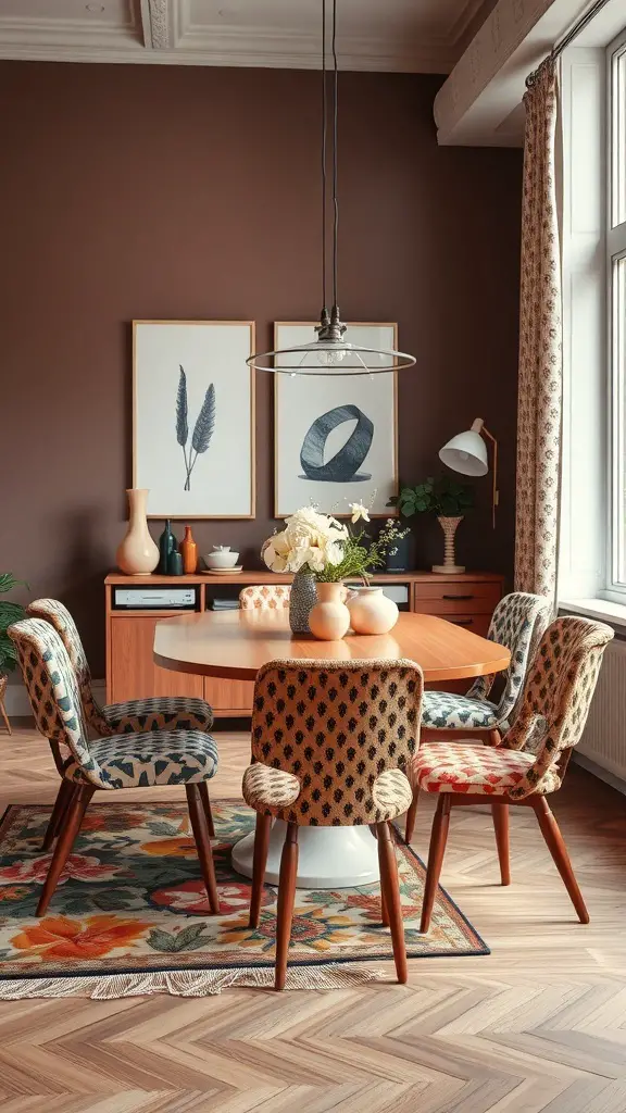 A cozy dining room featuring a round table and uniquely patterned chairs, with decorative vases on the table.