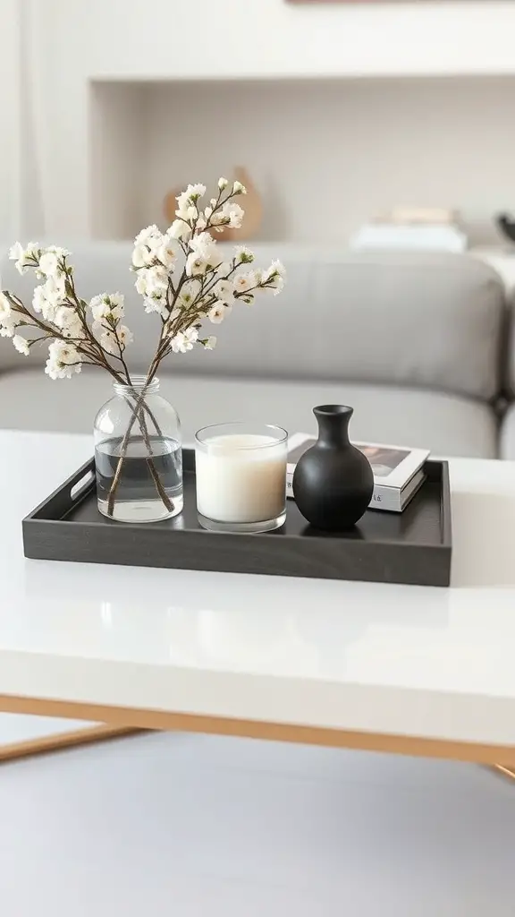 A chic minimalist coffee table tray arrangement featuring a black tray with a vase of white flowers, a white candle, a small black vase, and a stack of books.