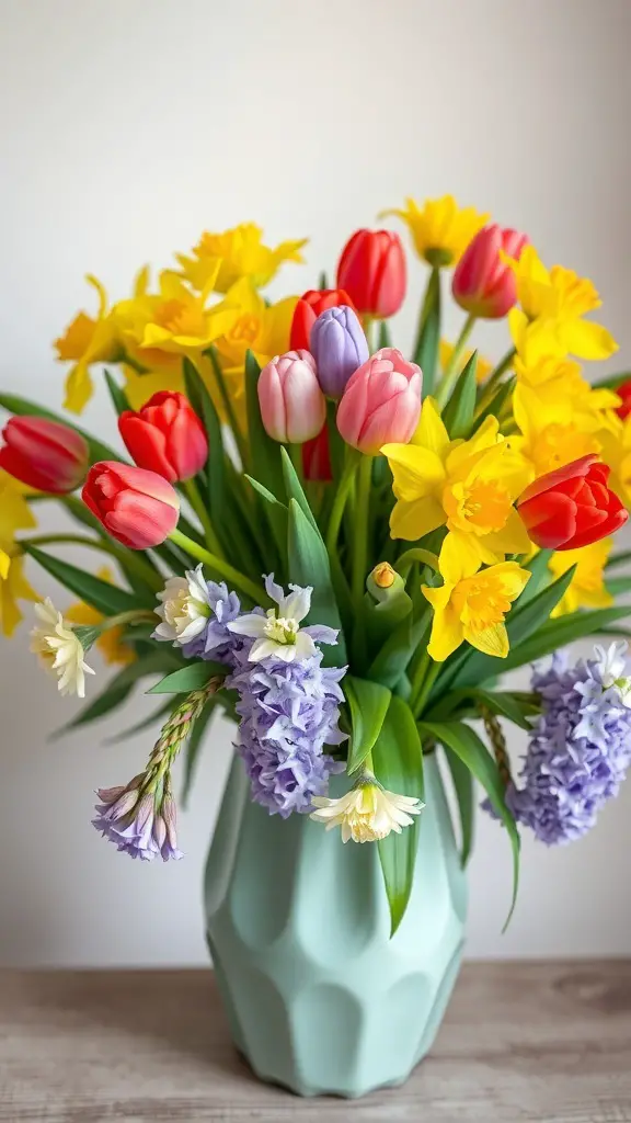 A colorful spring flower arrangement featuring yellow daffodils, red and pink tulips, and purple hyacinths in a soft green vase.