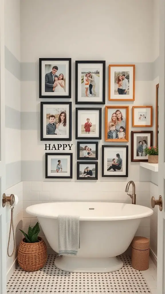25+ Trending Bathroom Wall Decor Ideas You’ll Love 12 A bathroom with a photo collage gallery on the wall, featuring framed pictures and the word 'HAPPY'.