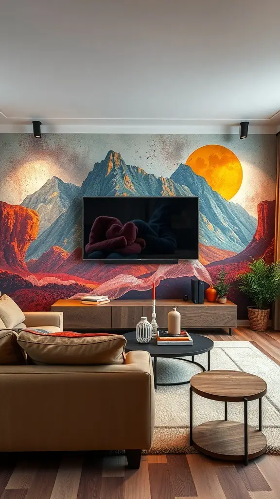 25+ Creative TV Wall Paneling Ideas for a Stylish Living Room 16 A living room with a mountain mural behind a TV, showcasing a cozy and artistic atmosphere.