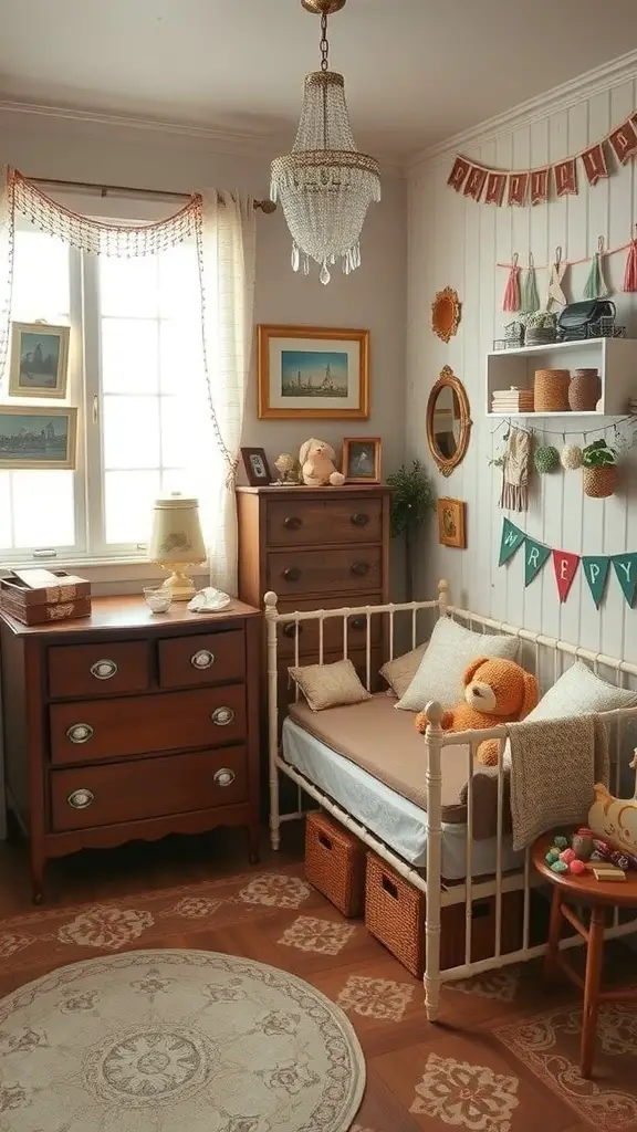 A vintage-inspired nursery featuring a classic crib, wooden dresser, and decorative elements.
