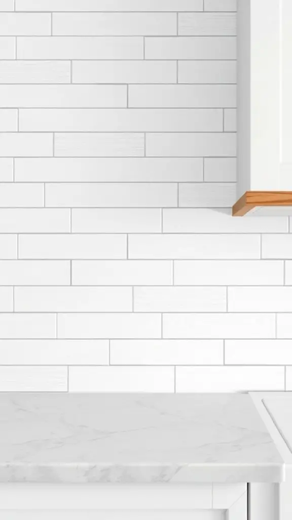 Textured white shiplap kitchen backsplash with marble countertop