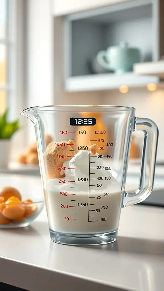 25 Unique Kitchen Gadgets You Didn't Know You Needed 3 A smart digital measuring cup filled with ingredients, displaying a timer on its digital screen.