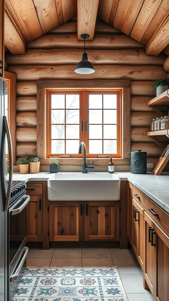 A cozy winter cabin kitchen featuring a farmhouse sink with wooden cabinetry and large windows.