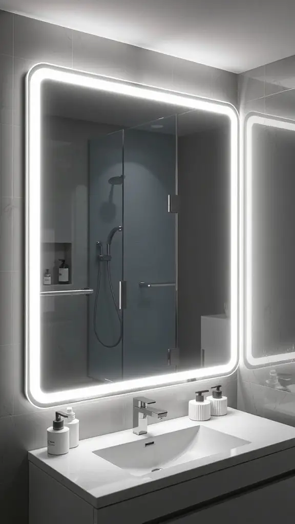25+ Creative Bathroom Mirror Ideas to Elevate Your Space 16 A modern bathroom mirror with integrated LED lighting, showcasing a sleek design and bright illumination.