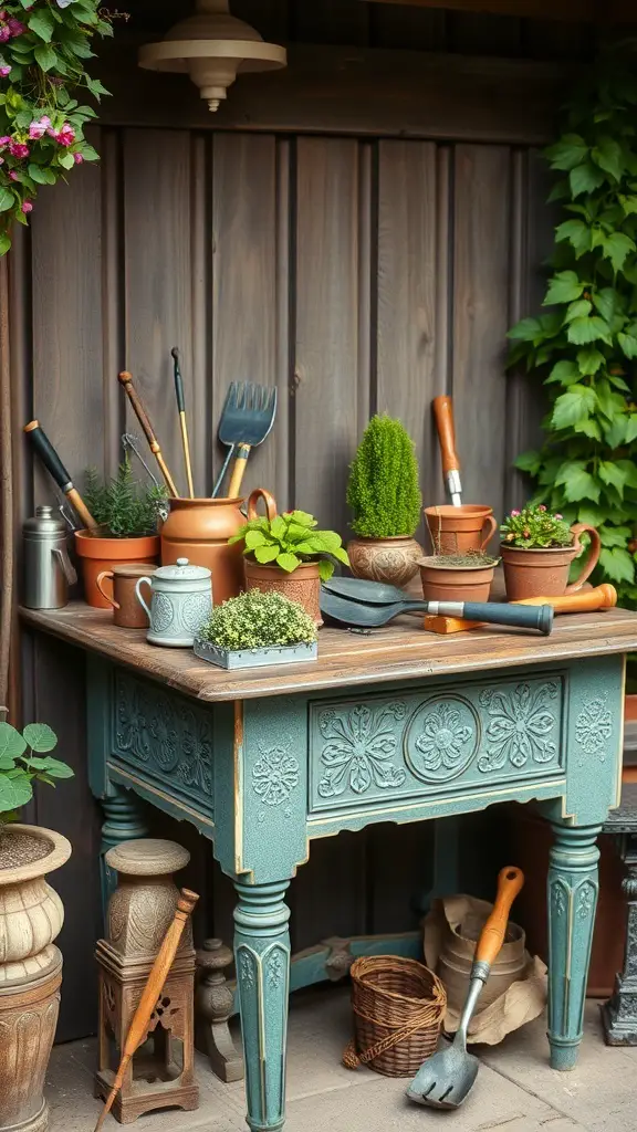 A vintage style potting table with potted plants, gardening tools, and a rustic backdrop.