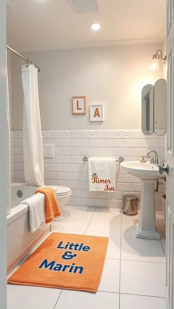 27+ Whimsical Kids Bathroom Ideas for a Fun and Functional Space 7 A kids bathroom featuring personalized towels and accessories, including a bath mat with names and colorful towels.