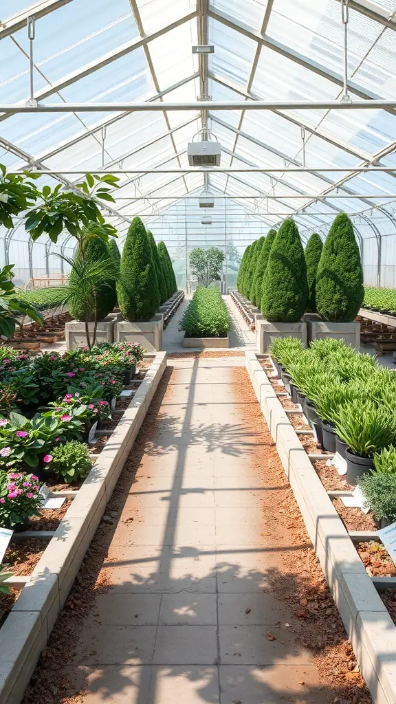 Interior of a greenhouse with a pathway surrounded by plants and flowers.