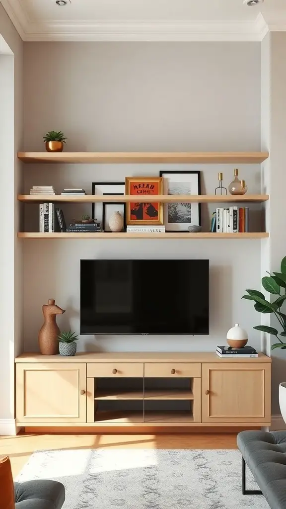 Living room with open shelving above a TV, featuring decorative items and plants.