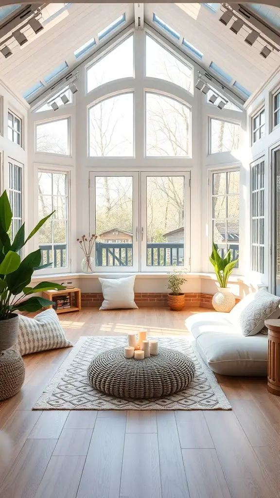 27+ Cozy Cottage Sunroom Ideas You’ll Love 13 A bright sunroom with large windows, a round woven mat, candles, and soft cushions, creating a peaceful meditation space.