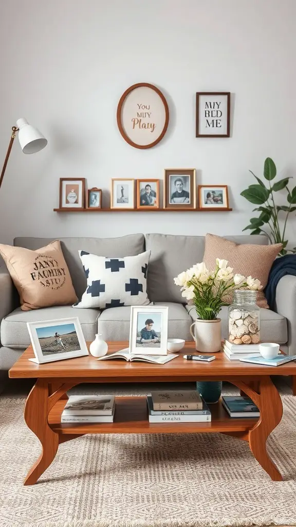 A cozy coffee table setup with family photos, flowers, and books.