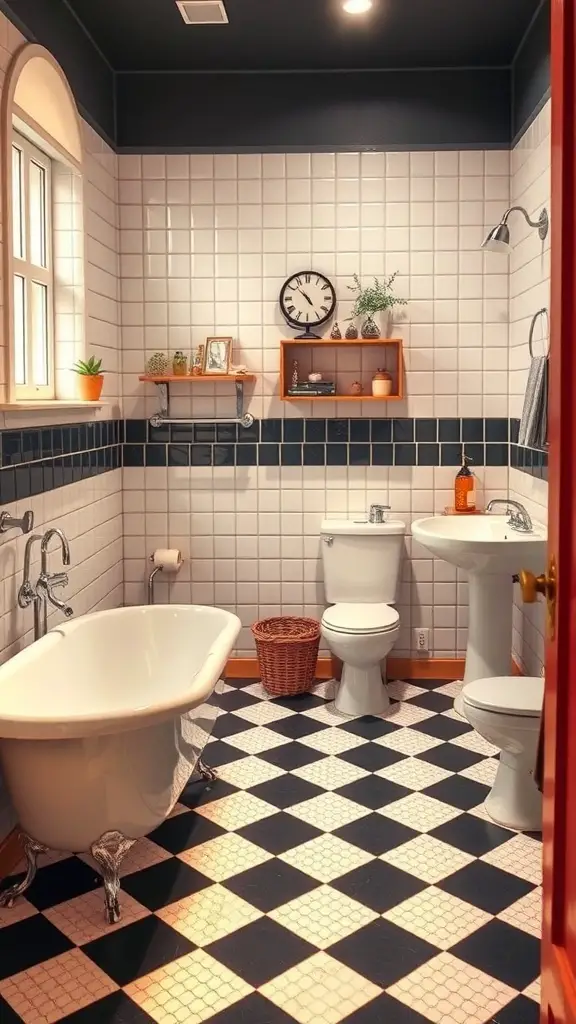 23+ Stunning Black and White Bathroom Ideas You'll Love 7 A bathroom featuring a classic black and white checkerboard floor with a vintage clawfoot tub and modern fixtures.