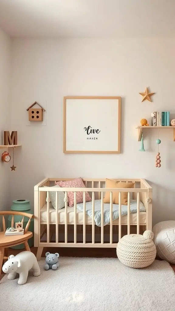 A cozy nursery featuring a crib, soft toys, and personalized decor.