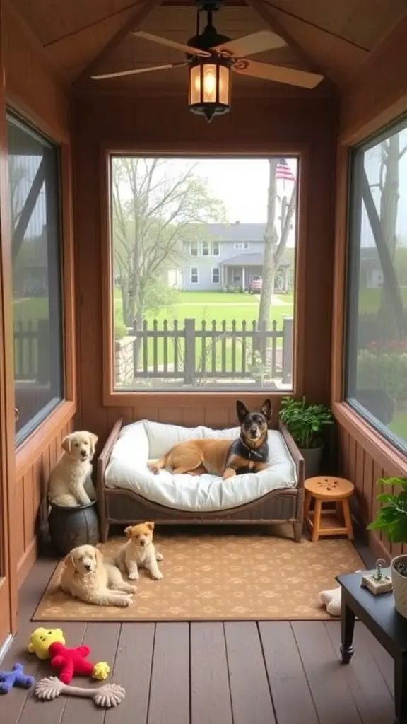 A cozy screened-in porch with multiple dogs lounging on a bench and floor, surrounded by pet toys.