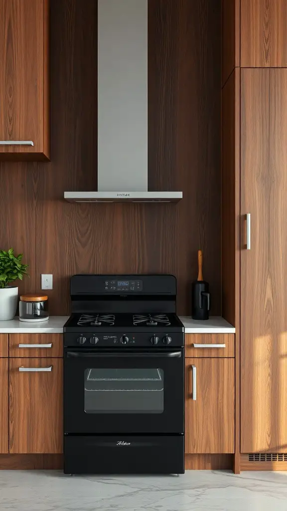 A kitchen featuring black appliances against a brown wooden backdrop.