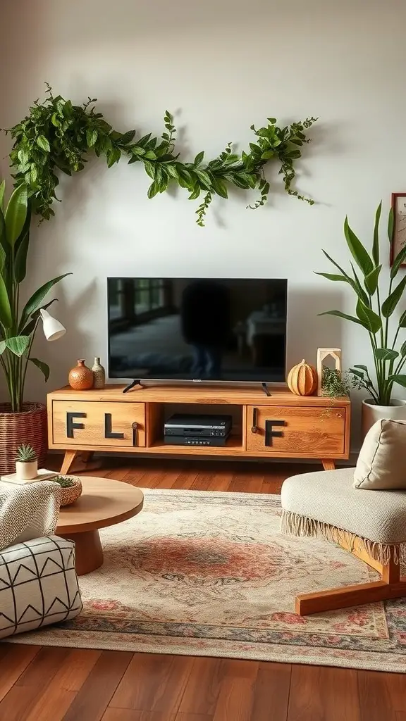 29+ Stunning Boho TV Stands for Your Living Room Makeover 10 A cozy living room featuring a wooden TV stand, plants, and earthy tones.