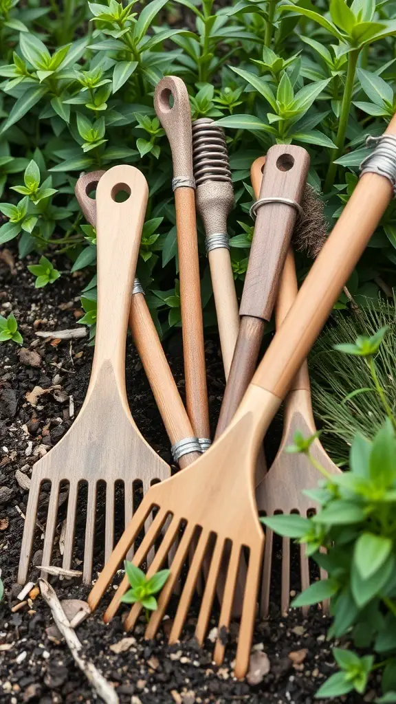 A collection of eco-friendly garden rakes made from various types of wood, placed among green plants.